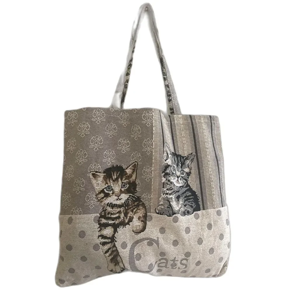 Vintage Tapestry Cat Tote Bag Large Black Gray Cotton Canvas Handmade NOS 16x16